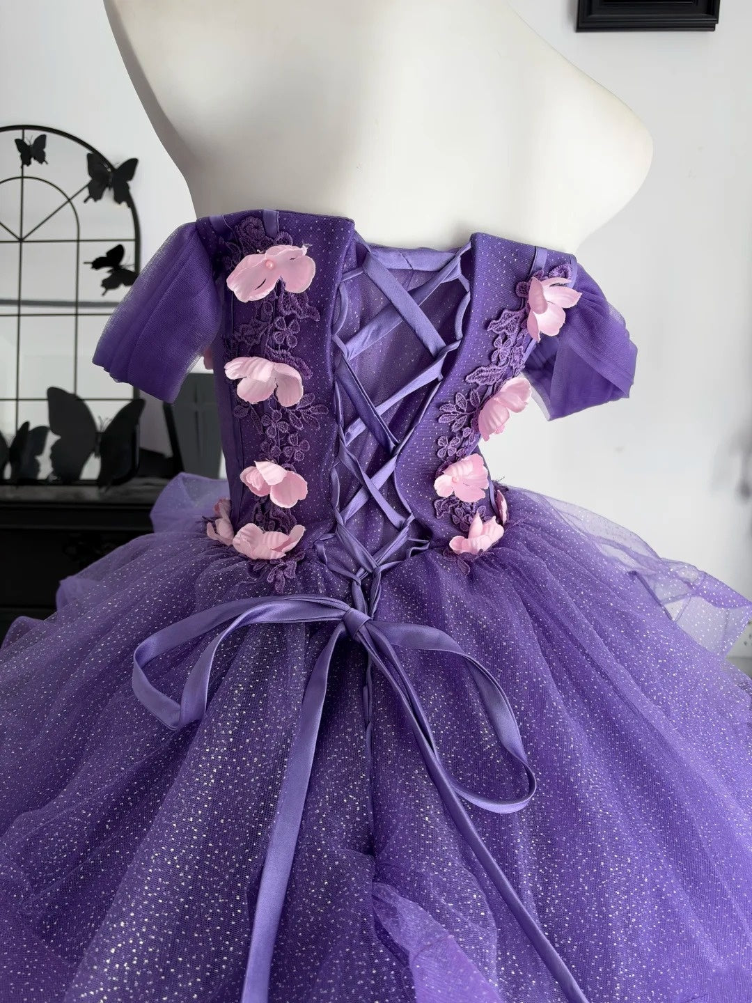 Off The Shoulder Purple Tulle Ball Gown Quinceanera Dresses With Floral  P2636