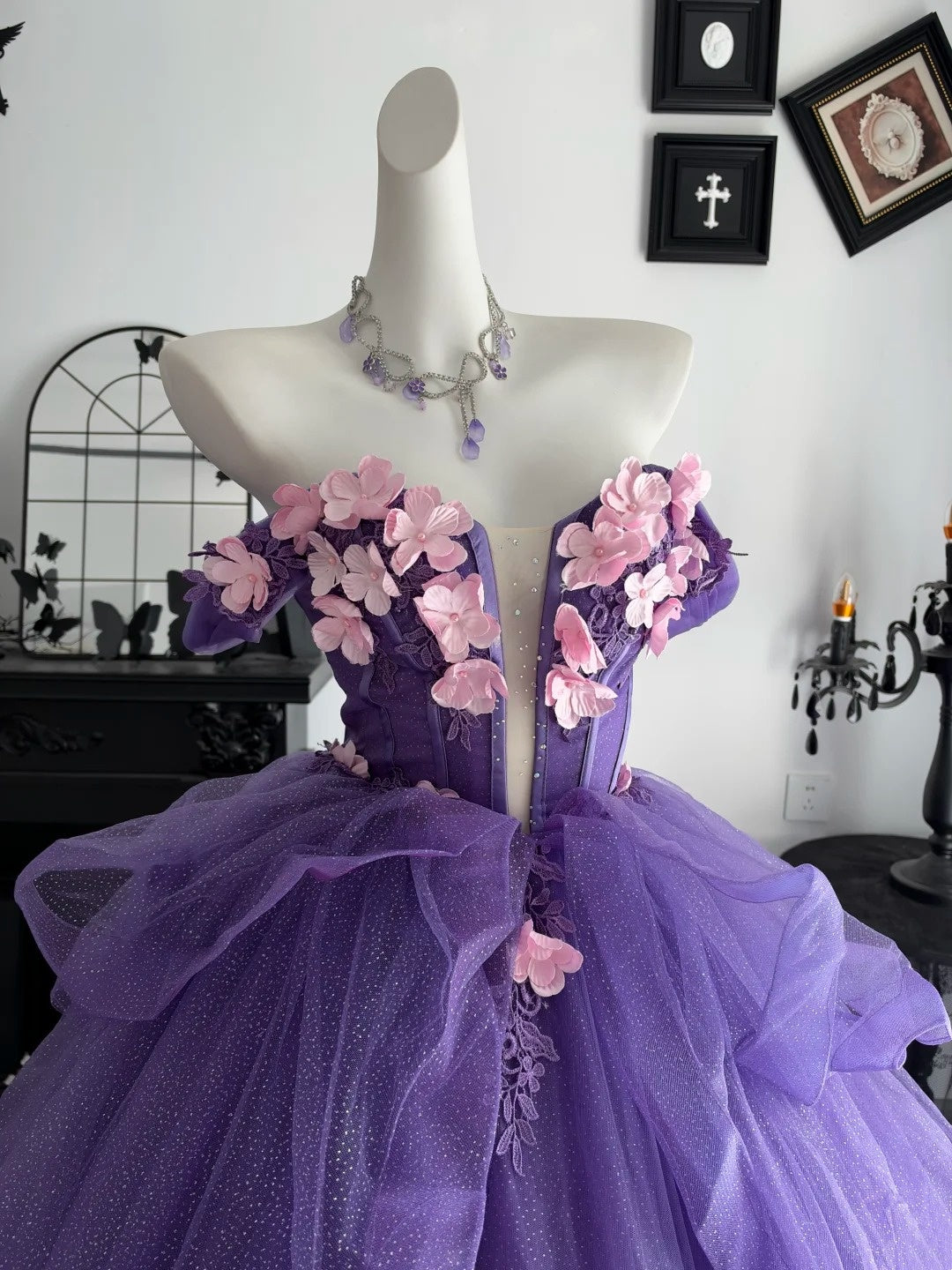 Off The Shoulder Purple Tulle Ball Gown Quinceanera Dresses With Floral  P2636