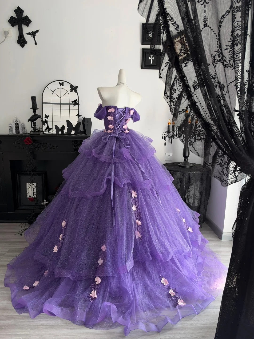 Off The Shoulder Purple Tulle Ball Gown Quinceanera Dresses With Floral  P2636