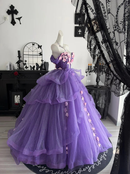 Off The Shoulder Purple Tulle Ball Gown Quinceanera Dresses With Floral  P2636