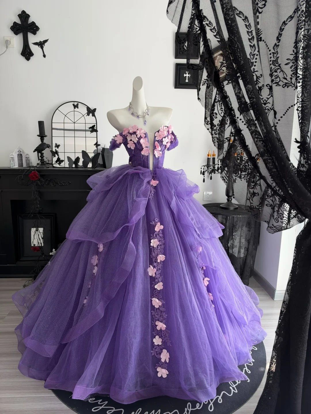 Off The Shoulder Purple Tulle Ball Gown Quinceanera Dresses With Floral  P2636
