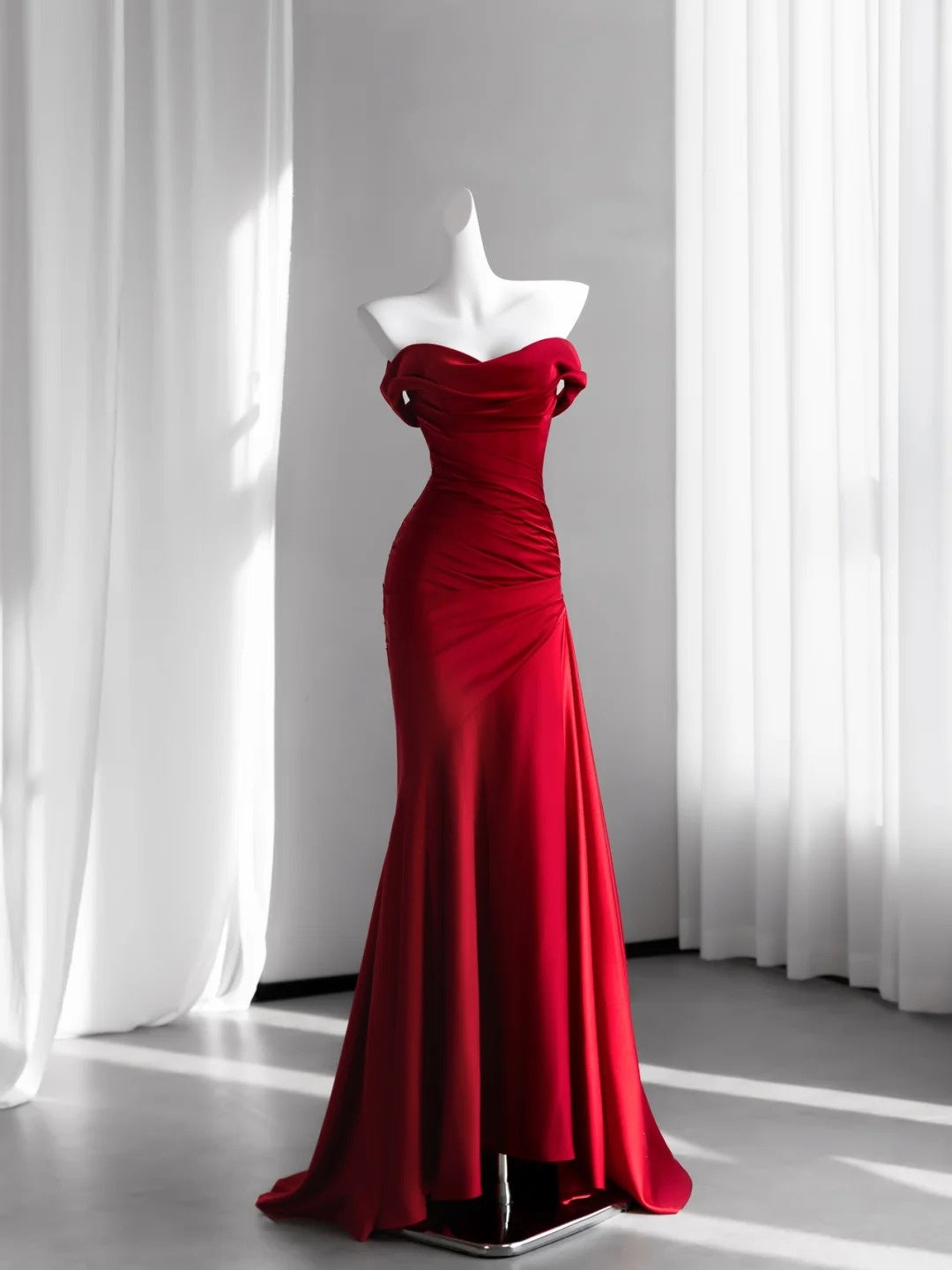 Off The Shoulder Red Mermaid Prom Dress Satin Evening Gowns   P1932