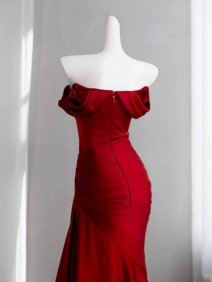 Off The Shoulder Red Mermaid Prom Dress Satin Evening Gowns   P1932