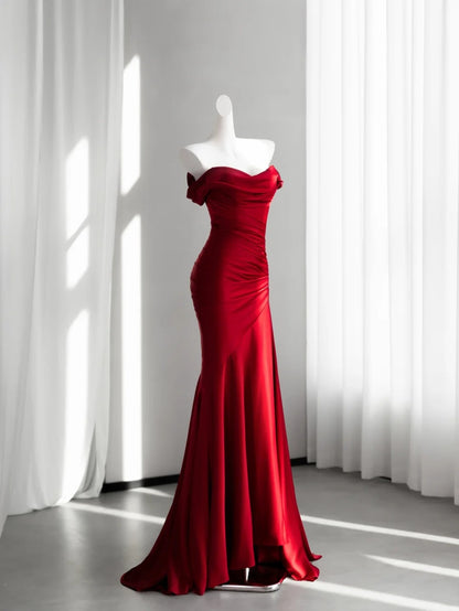 Off The Shoulder Red Mermaid Prom Dress Satin Evening Gowns   P1932