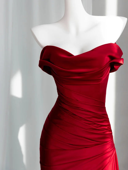 Off The Shoulder Red Mermaid Prom Dress Satin Evening Gowns   P1932