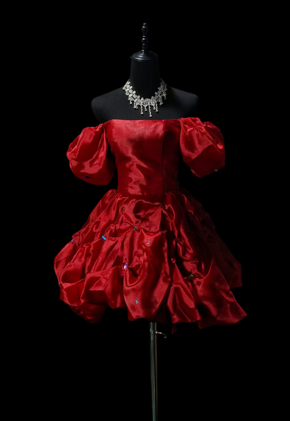 Off The Shoulder Red Satin Homecoming Dress Short Birthday Dress  P2040