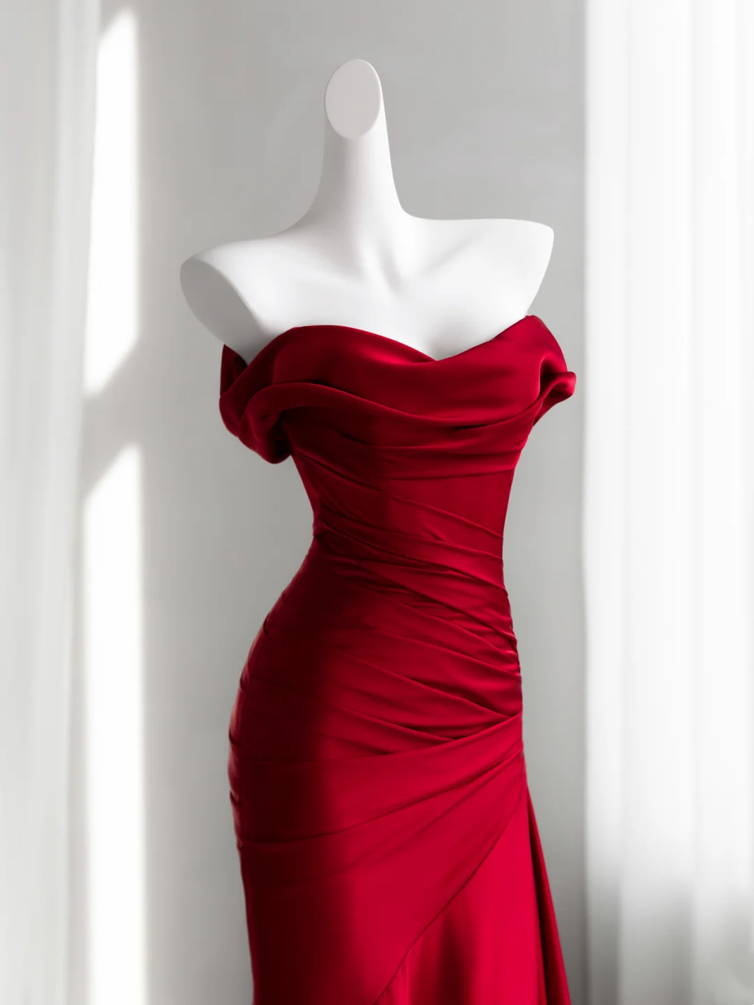 Off The Shoulder Red Satin Mermaid Prom Dress  P828