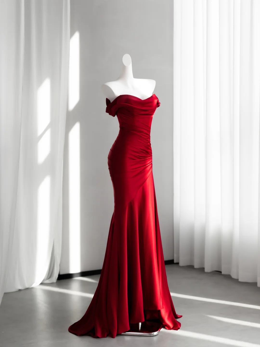 Off The Shoulder Red Satin Mermaid Prom Dress  P828
