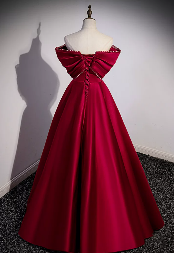 Off The Shoulder Red Satin Prom Dress A Line Bow Evening Dress  P1264