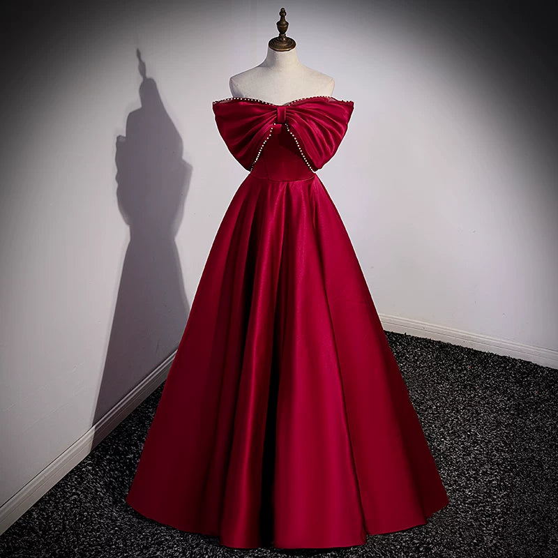 Off The Shoulder Red Satin Prom Dress A Line Bow Evening Dress  P1264