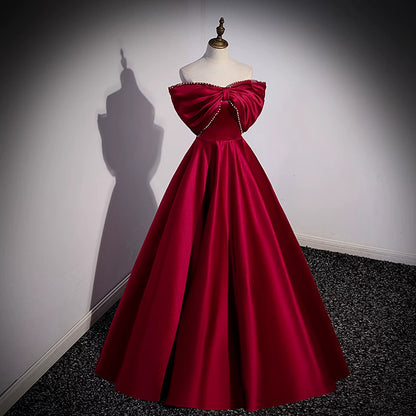 Off The Shoulder Red Satin Prom Dress A Line Bow Evening Dress  P1264