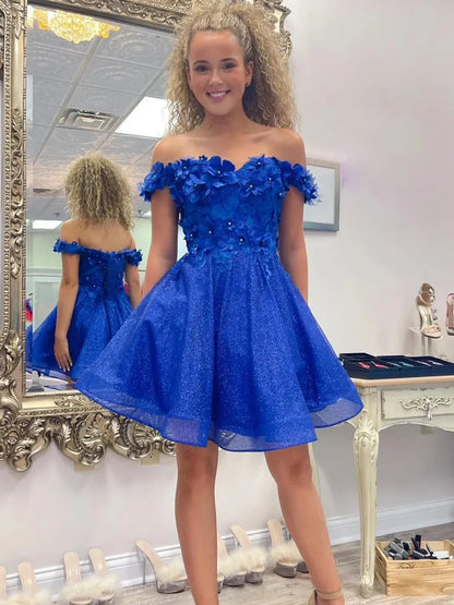 Off The Shoulder Royal Blue Homecoming Dress With Floral  P2309
