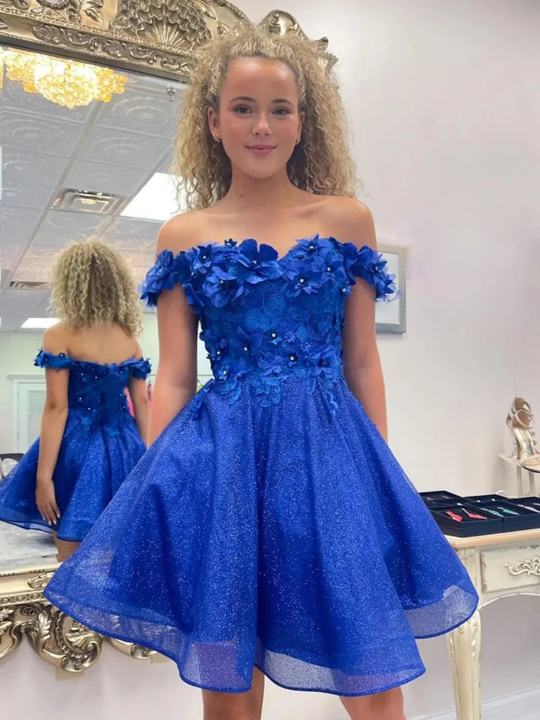 Off The Shoulder Royal Blue Homecoming Dress With Floral  P2309