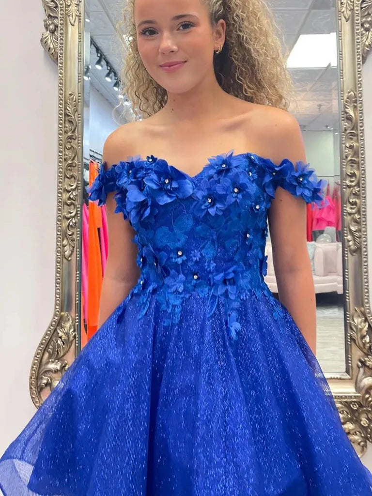 Off The Shoulder Royal Blue Homecoming Dress With Floral  P2309