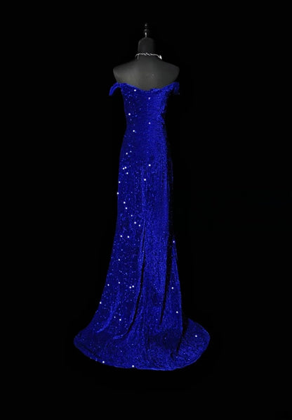 Off The Shoulder Royal Blue Sequin Prom Dress Mermaid Evening Gown  P1963