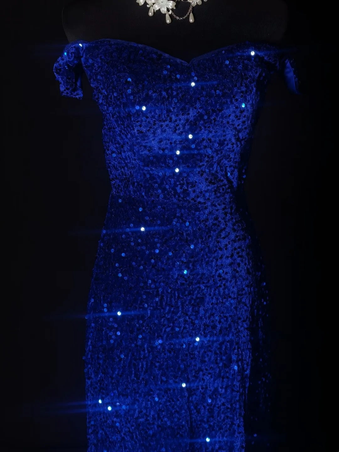 Off The Shoulder Royal Blue Sequin Prom Dress Mermaid Evening Gown  P1963