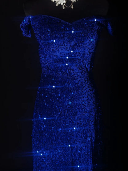 Off The Shoulder Royal Blue Sequin Prom Dress Mermaid Evening Gown  P1963