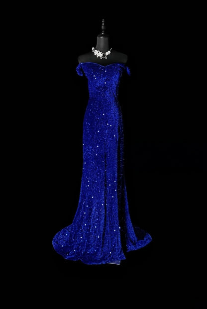 Off The Shoulder Royal Blue Sequin Prom Dress Mermaid Evening Gown  P1963