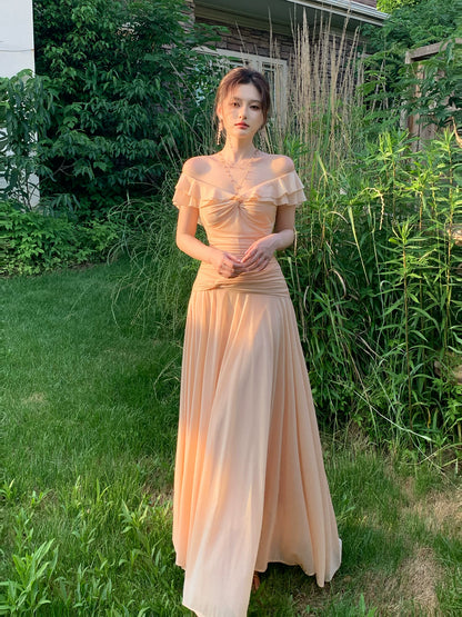 Off The Shoulder Ruffled Pink Prom Dress A Line Wedding Guest Dress  P1638