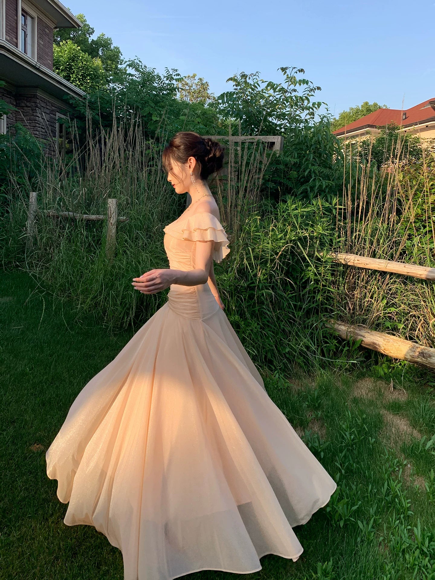 Off The Shoulder Ruffled Pink Prom Dress A Line Wedding Guest Dress  P1638
