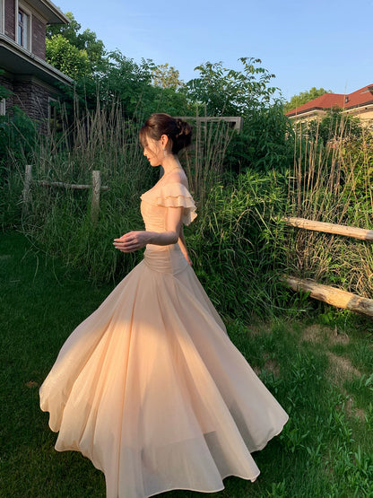 Off The Shoulder Ruffled Pink Prom Dress A Line Wedding Guest Dress  P1638