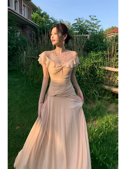 Off The Shoulder Ruffled Pink Prom Dress A Line Wedding Guest Dress  P1638