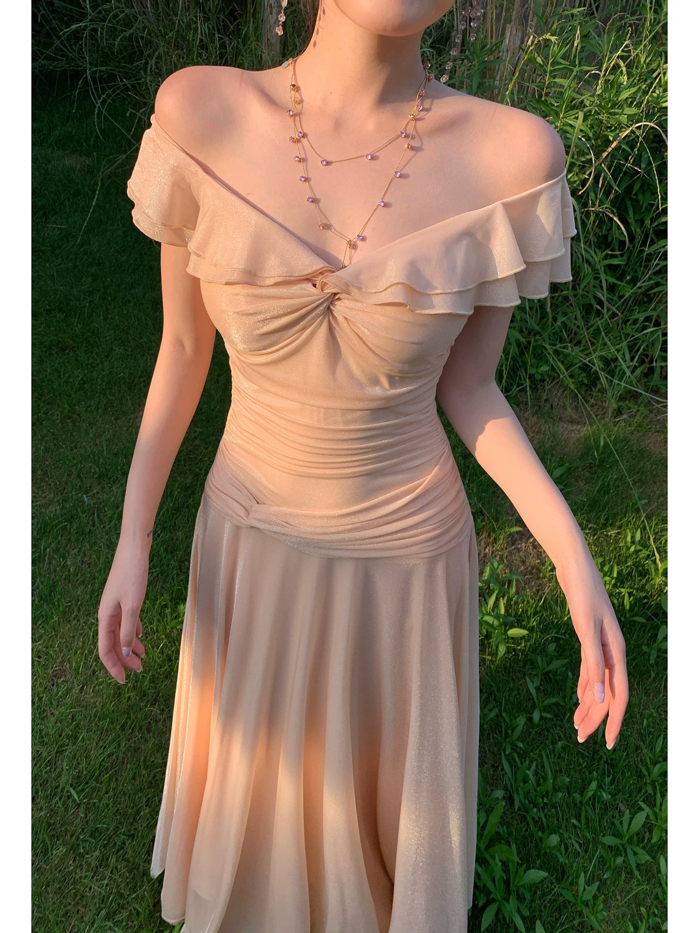 Off The Shoulder Ruffled Pink Prom Dress A Line Wedding Guest Dress  P1638
