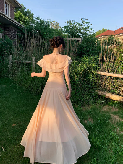 Off The Shoulder Ruffled Pink Prom Dress A Line Wedding Guest Dress  P1638