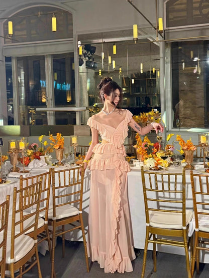 Off The Shoulder Ruffled Prom Dress Pink Chiffon Formal Dress  P769