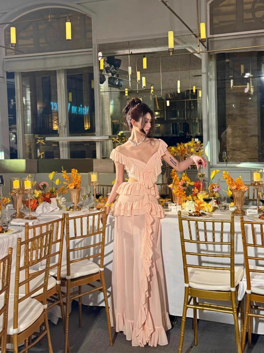 Off The Shoulder Ruffled Prom Dress Pink Chiffon Formal Dress  P769