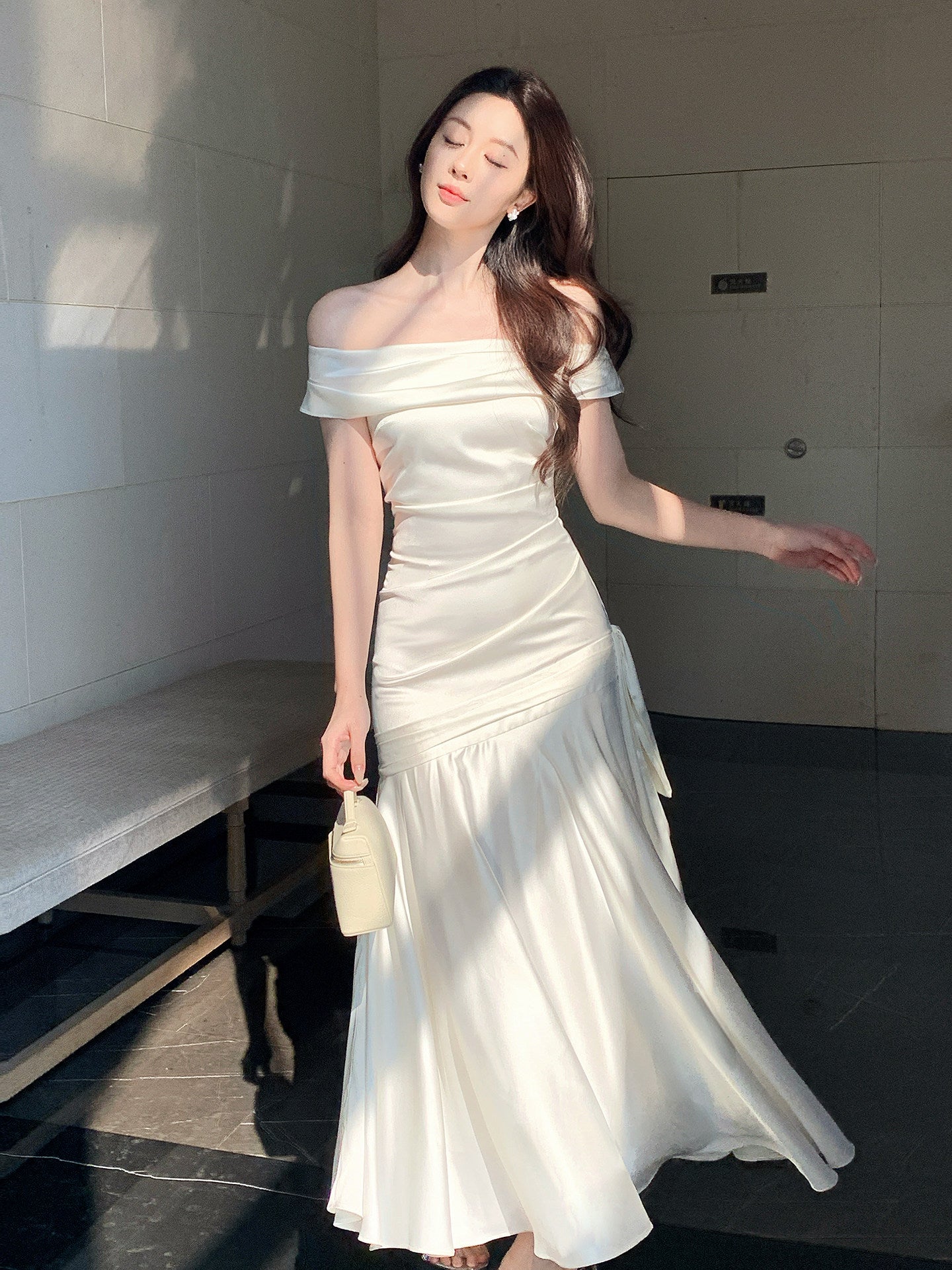 Off The Shoulder Satin Evening Dress Sheath Prom Dress   P636