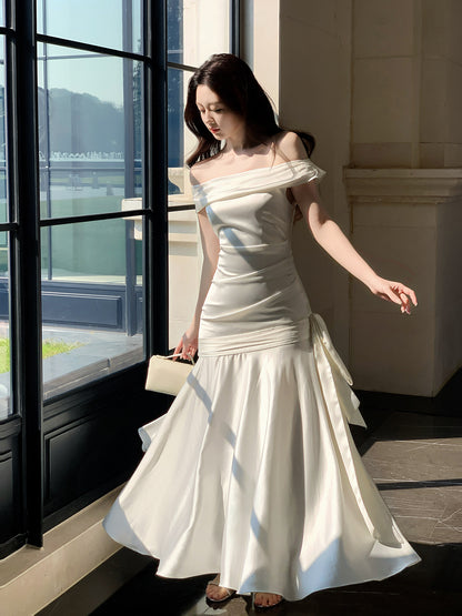 Off The Shoulder Satin Evening Dress Sheath Prom Dress   P636