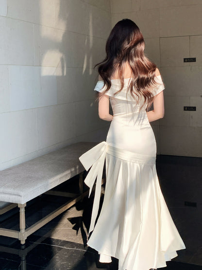 Off The Shoulder Satin Evening Dress Sheath Prom Dress   P636