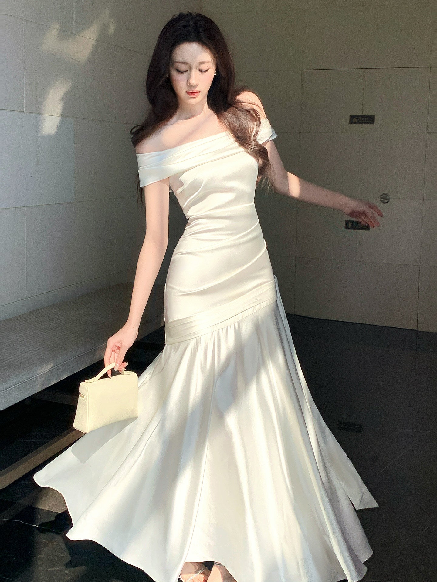 Off The Shoulder Satin Evening Dress Sheath Prom Dress   P636