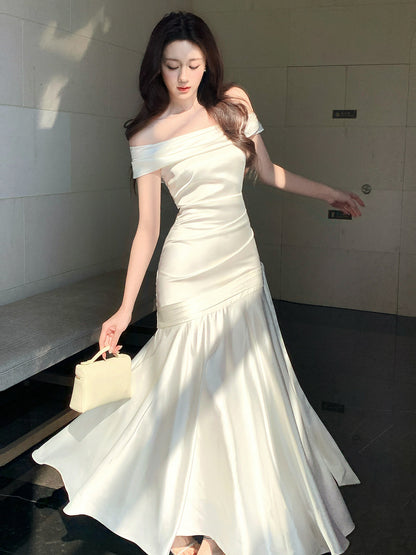 Off The Shoulder Satin Evening Dress Sheath Prom Dress   P636