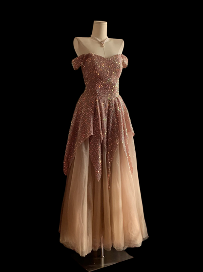 Off The Shoulder Sequins Prom Dress Tulle A Line Evening Dress P805