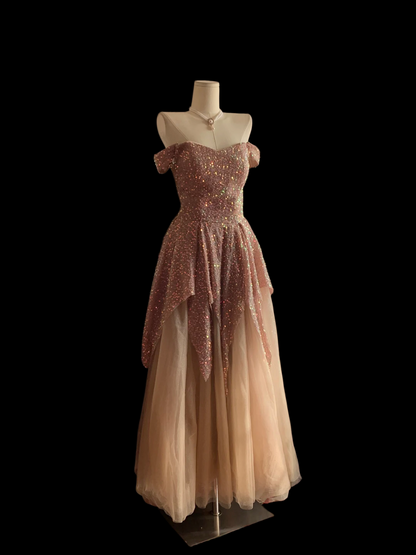 Off The Shoulder Sequins Prom Dress Tulle A Line Evening Dress P805
