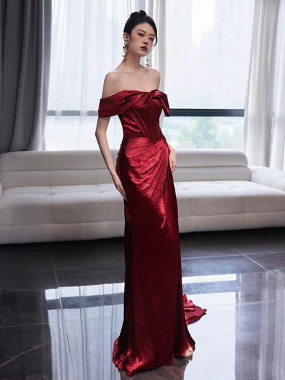 Off The Shoulder Sheath Burgundy Prom Dress with Slit  P794