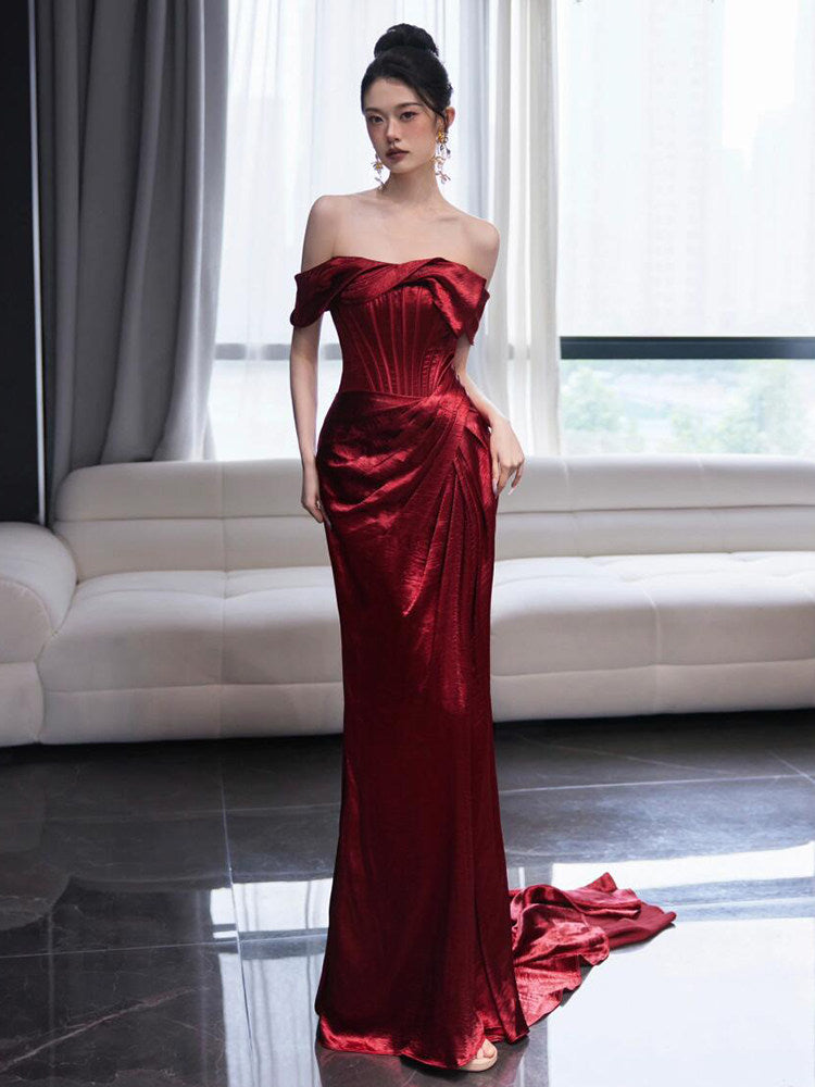 Off The Shoulder Sheath Burgundy Prom Dress with Slit  P794
