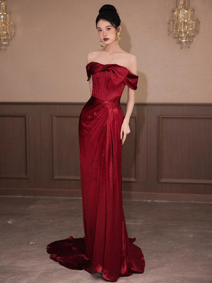 Off The Shoulder Sheath Burgundy Prom Dress with Slit  P794