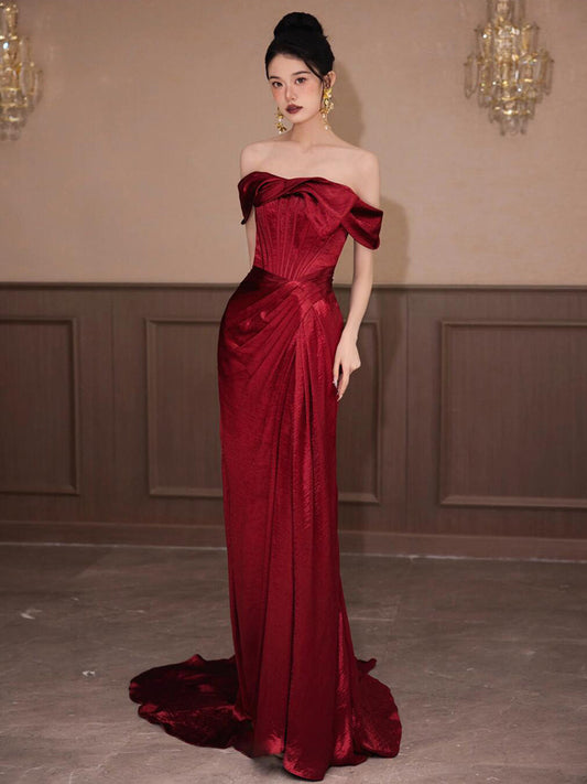 Off The Shoulder Sheath Burgundy Prom Dress with Slit  P794