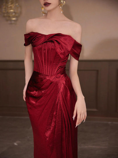 Off The Shoulder Sheath Burgundy Prom Dress with Slit  P794
