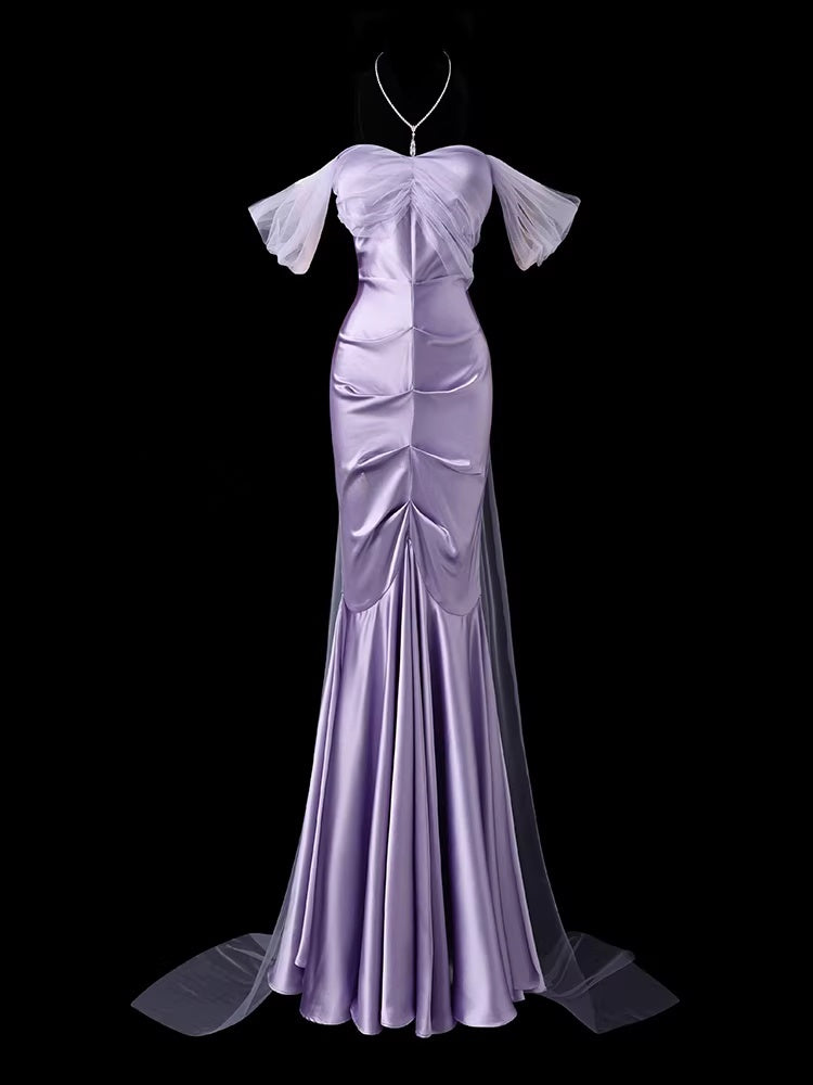 Off The Shoulder Sheath Lilac Prom Dress With Trail  P697