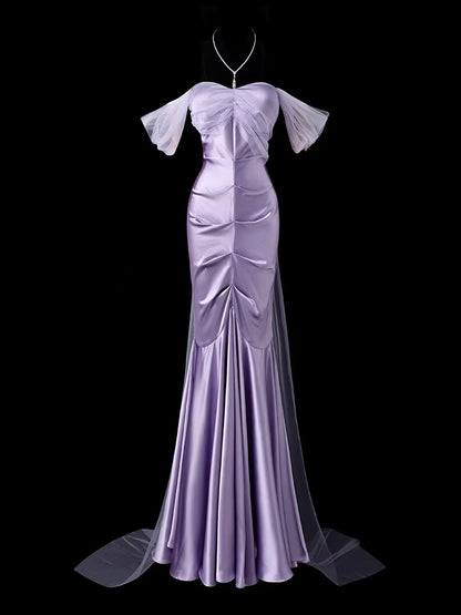 Off The Shoulder Sheath Lilac Prom Dress With Trail  P697