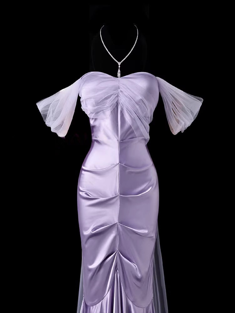 Off The Shoulder Sheath Lilac Prom Dress With Trail  P697