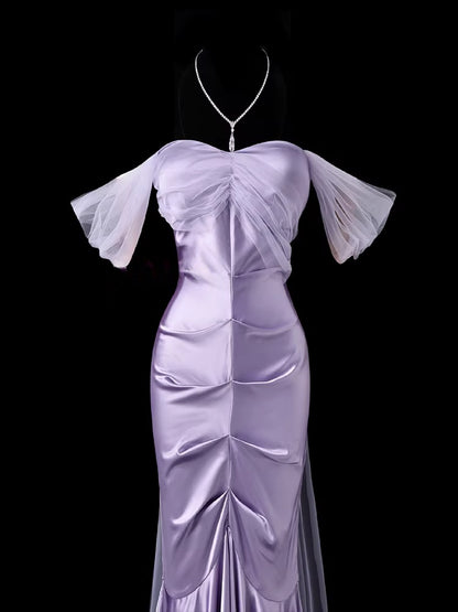 Off The Shoulder Sheath Lilac Prom Dress With Trail  P697
