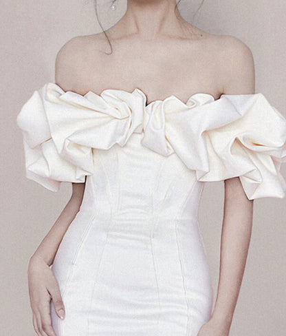 Off The Shoulder Sheath Satin Homecoming Dress Ruffled Birthday Dress  P1739