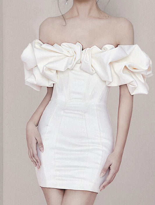Off The Shoulder Sheath Satin Homecoming Dress Ruffled Birthday Dress  P1739