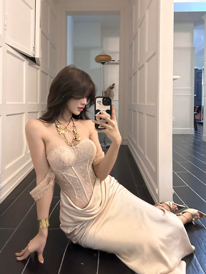 Off The Shoulder Sheath Satin Prom Dress Tie Up Back Evening Dress P703