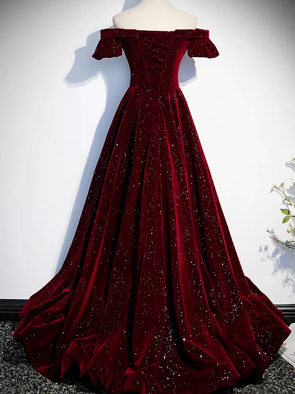 Off The Shoulder Sparkle Velvet A Line Burgundy Prom Dress  P1261